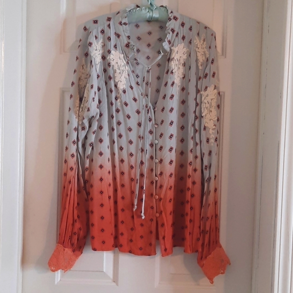 Ombre fade top button up boho lace,  tie blouse